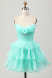 Blush Strapless Floral Ruched Short Homecoming Dress with Ruffles