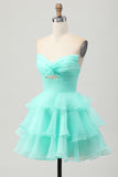 Blush Strapless Floral Ruched Short Homecoming Dress with Ruffles