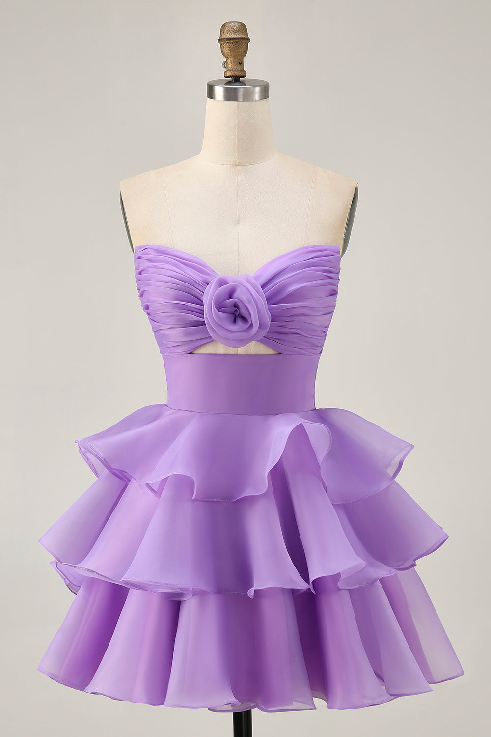 Blush Strapless Floral Ruched Short Homecoming Dress with Ruffles