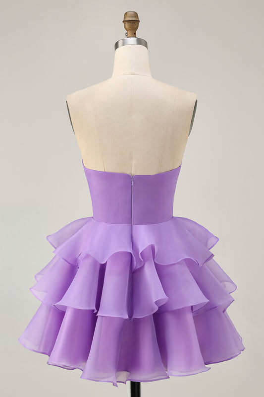 Purple Floral Strapless Short Tiered Homecoming Dress with Ruffles
