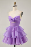 Blush Strapless Floral Ruched Short Homecoming Dress with Ruffles