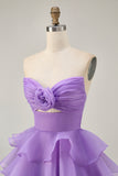Blush Strapless Floral Ruched Short Homecoming Dress with Ruffles