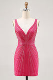 Sparkly Fuchsia V-Neck Short Tight Homecoming Dress with Beading