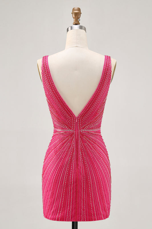 Sparkly Fuchsia Tight V-Neck Short Homecoming Dress with Beading