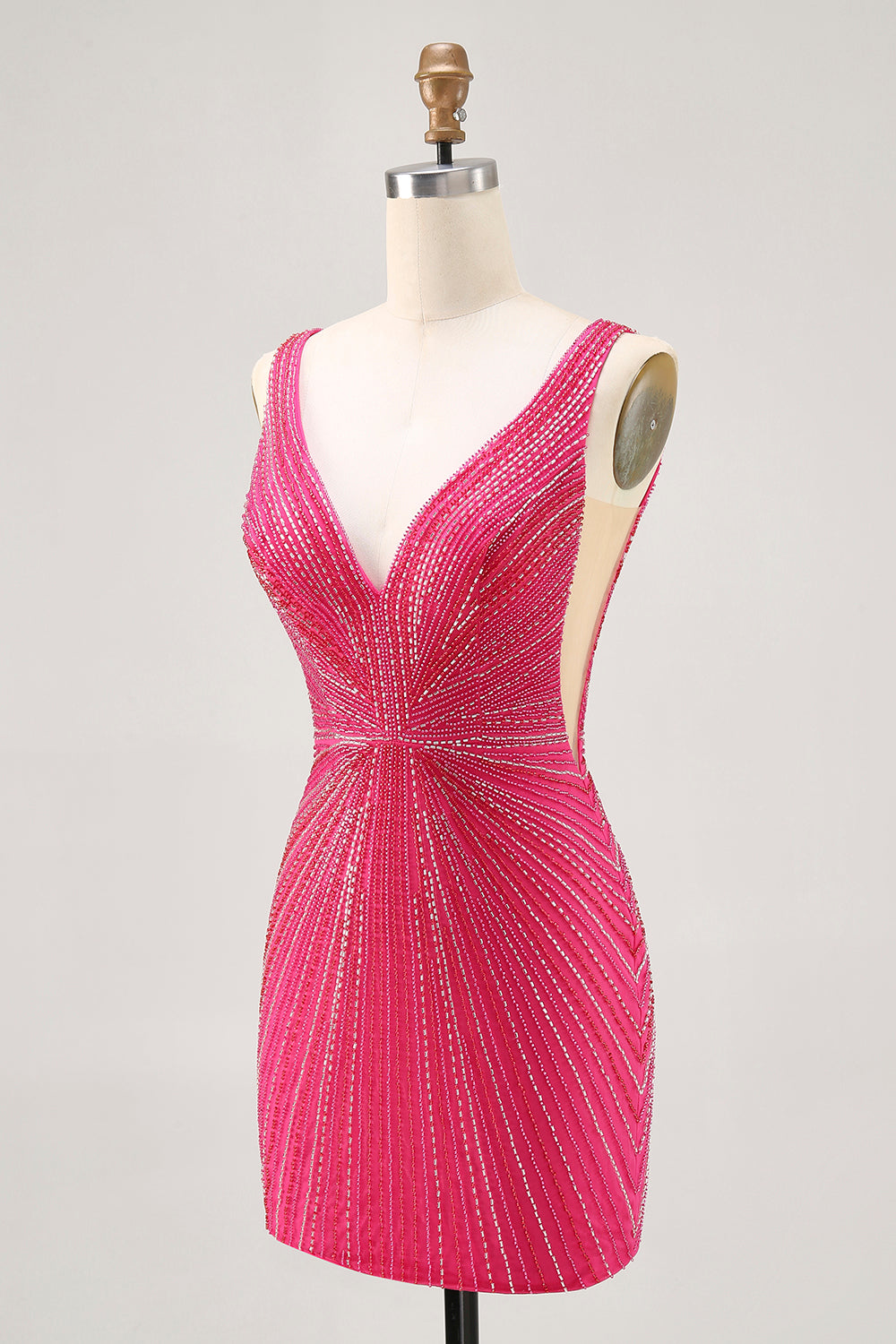 Sparkly Fuchsia Tight V-Neck Short Homecoming Dress with Beading
