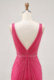 Sparkly Fuchsia Tight V-Neck Short Homecoming Dress with Beading