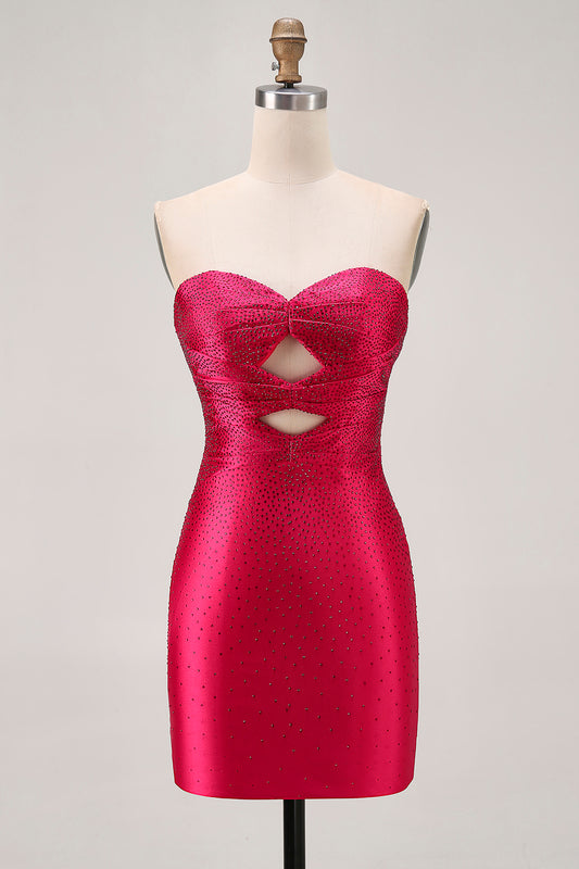 Sparkly Burgundy Tight Sweetheart Beaded Short Homecoming Dress with Keyholes