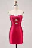 Zapaka Women Sparkly Burgundy Satin Tight Short Beaded Homecoming Dress Sweetheart Lace Up Back Hoco Dress with Keyholes