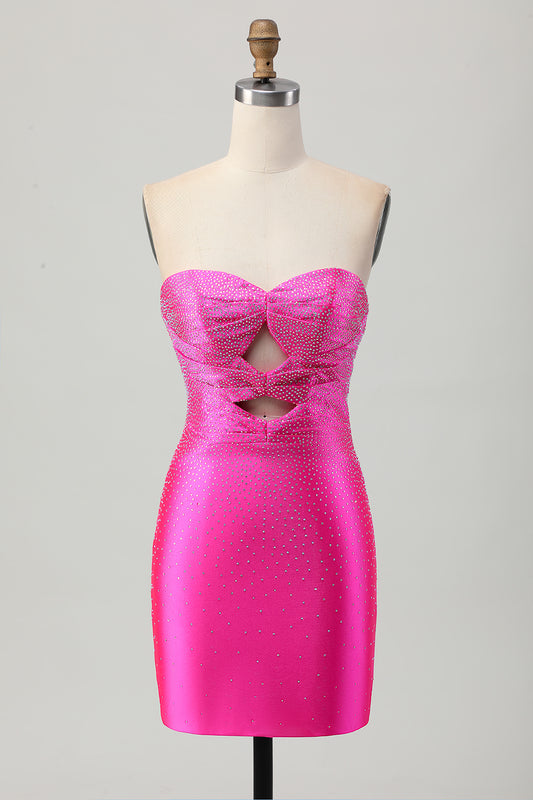 Sparkly Fuchsia Tight Sweetheart Short Beaded Homecoming Dress with Keyholes
