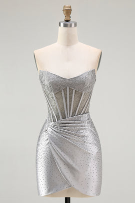 Sparkly Grey Silver Corset Strapless Short Homecoming Dress with Beading