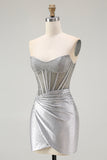 Sparkly Grey Silver Corset Strapless Short Homecoming Dress with Beading