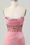 Sparkly Blush Tight Strapless Short Corset Homecoming Dress with Sequins