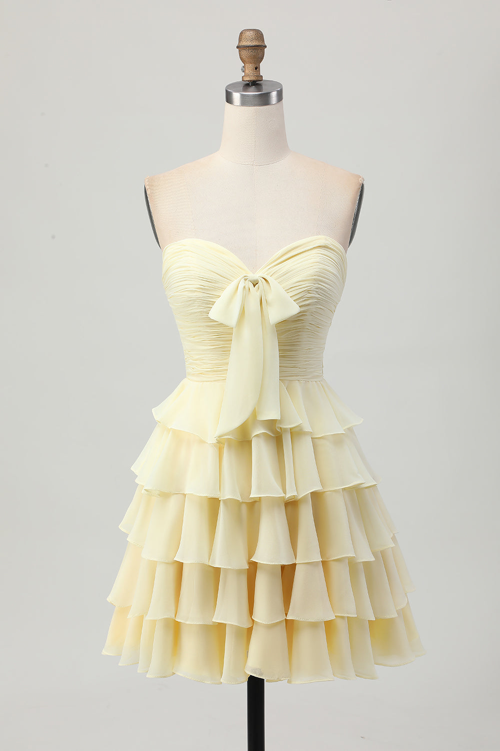  Light Yellow Sweetheart Short Homecoming Dress with Bow Chiffon Ruched A Line Tiered Ruched Cocktail Dress with Ruffles