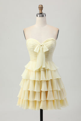  Light Yellow Sweetheart Short Homecoming Dress with Bow Chiffon Ruched A Line Tiered Ruched Cocktail Dress with Ruffles