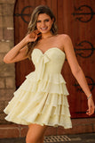 Light Yellow Sweetheart Ruched Ruffled Short Homecoming Dress with Bow