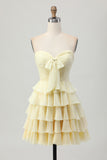  Light Yellow Sweetheart Short Homecoming Dress with Bow Chiffon Ruched A Line Tiered Ruched Cocktail Dress with Ruffles