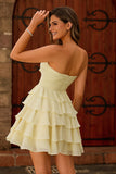 Light Yellow Sweetheart Ruched Ruffled Short Homecoming Dress with Bow