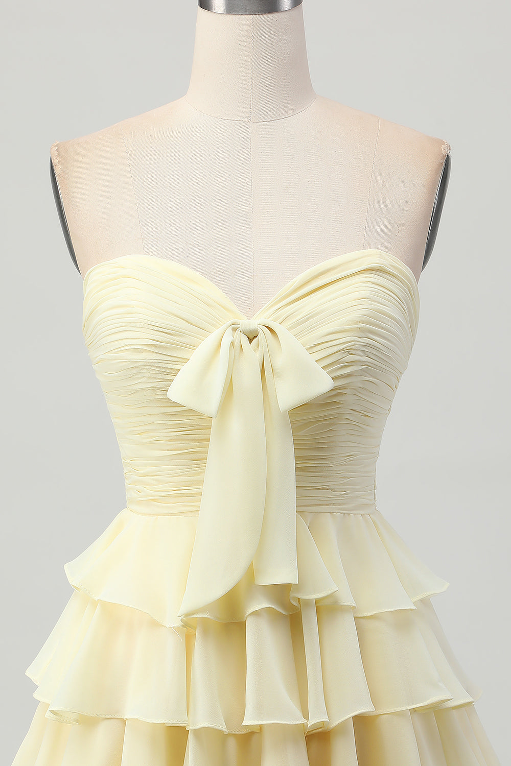 Light Yellow Sweetheart Ruched Ruffled Short Homecoming Dress with Bow