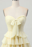 Light Yellow Sweetheart Ruched Ruffled Short Homecoming Dress with Bow