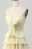 Light Yellow Sweetheart Ruched Ruffled Short Homecoming Dress with Bow