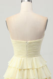 Light Yellow Sweetheart Ruched Ruffled Short Homecoming Dress with Bow
