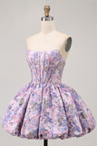 Yellow Floral A Line Short Corset Homecoming Dress
