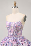 Yellow Floral A Line Short Corset Homecoming Dress