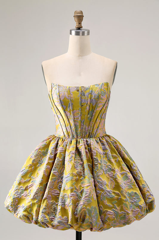 Yellow Floral A Line Short Corset Homecoming Dress