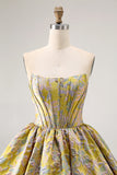 Yellow Floral A Line Short Corset Homecoming Dress