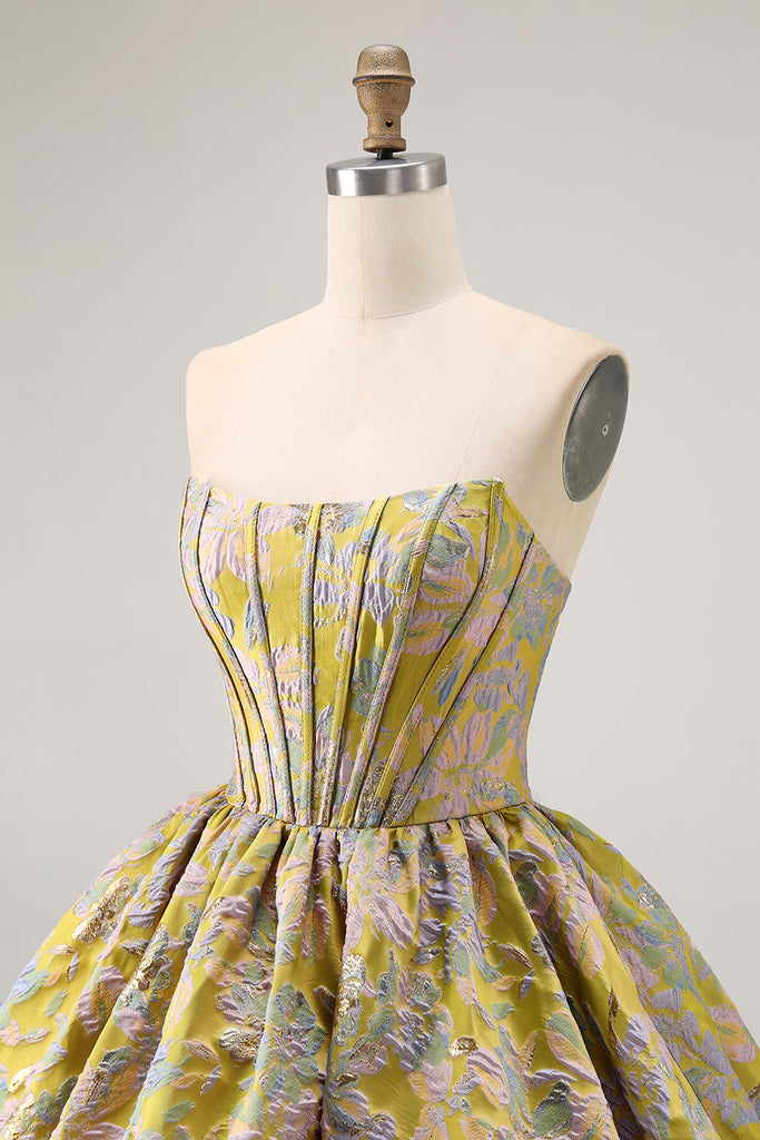 Cute A Line Strapless Yellow Corset Homecoming Dress with Beading