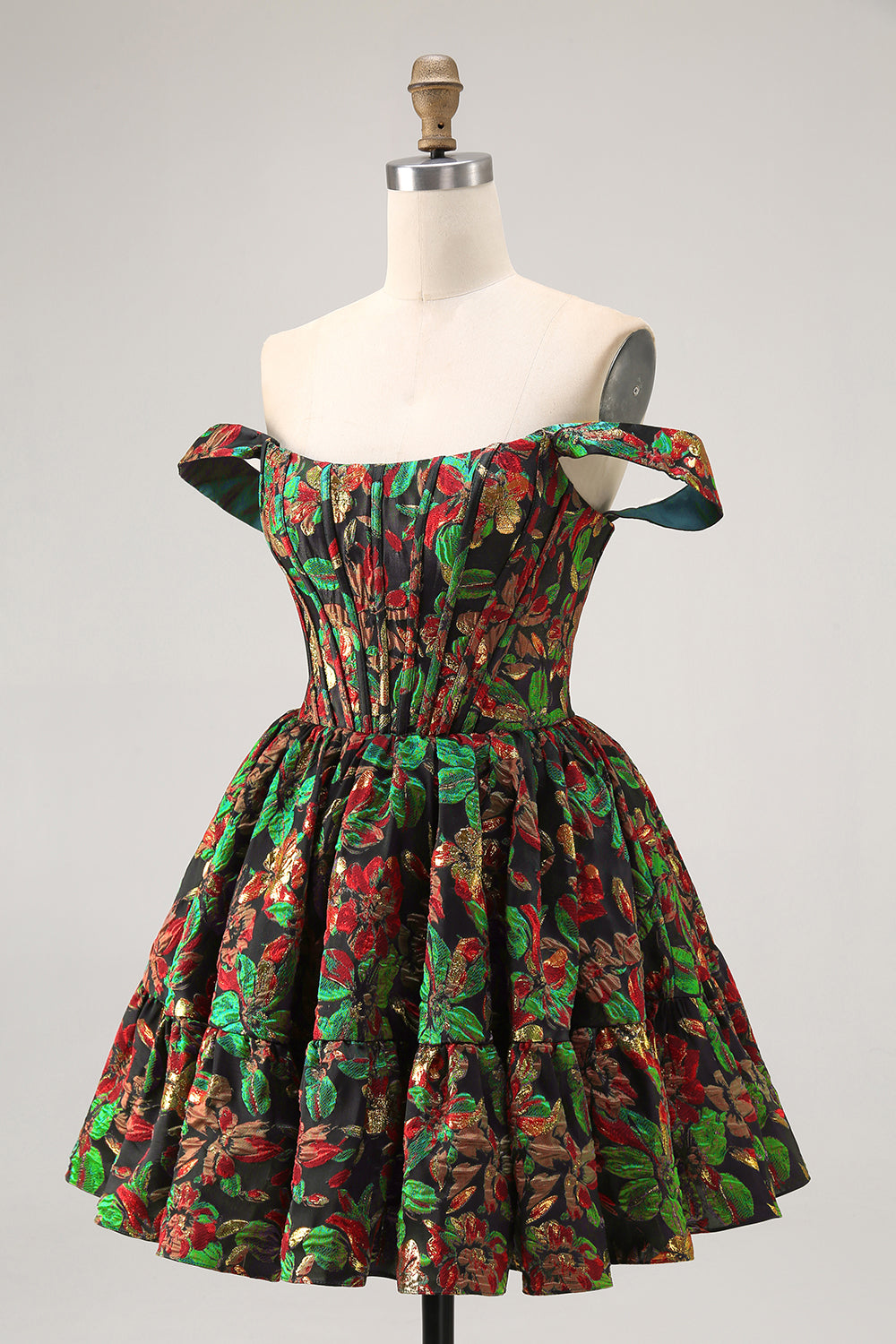 Dark Green Floral Removable Straps Short Corset Homecoming Dress