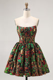 Dark Green Floral Removable Straps Short Corset Homecoming Dress