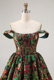Dark Green Floral Removable Straps Short Corset Homecoming Dress