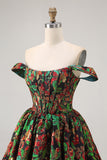 Dark Green Floral Removable Straps Short Corset Homecoming Dress