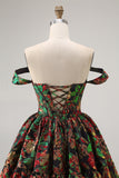Dark Green Floral Removable Straps Short Corset Homecoming Dress