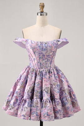 Purple Floral Off the Shoulder Corset Short Homecoming Dress