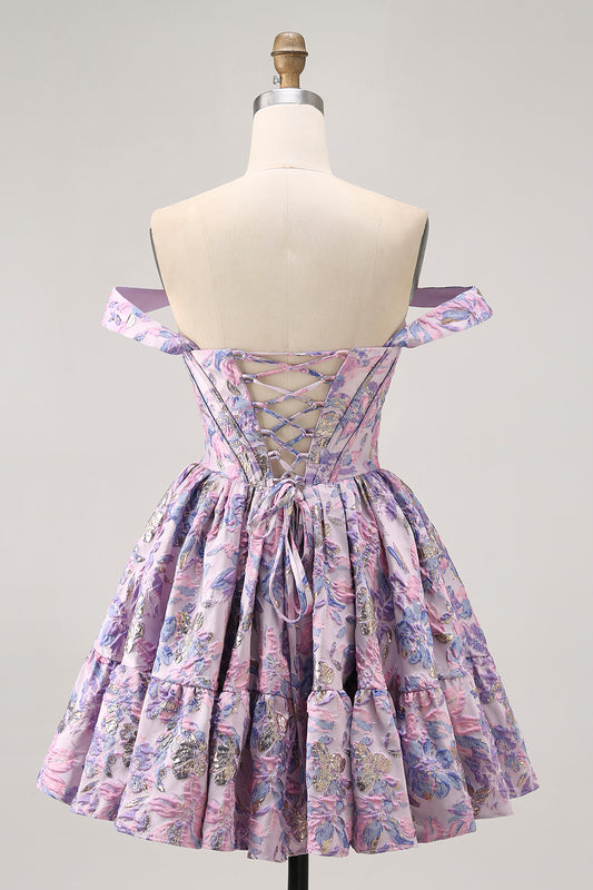 Purple Floral Off the Shoulder Corset Short Homecoming Dress