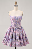 Dark Green Floral Removable Straps Short Corset Homecoming Dress