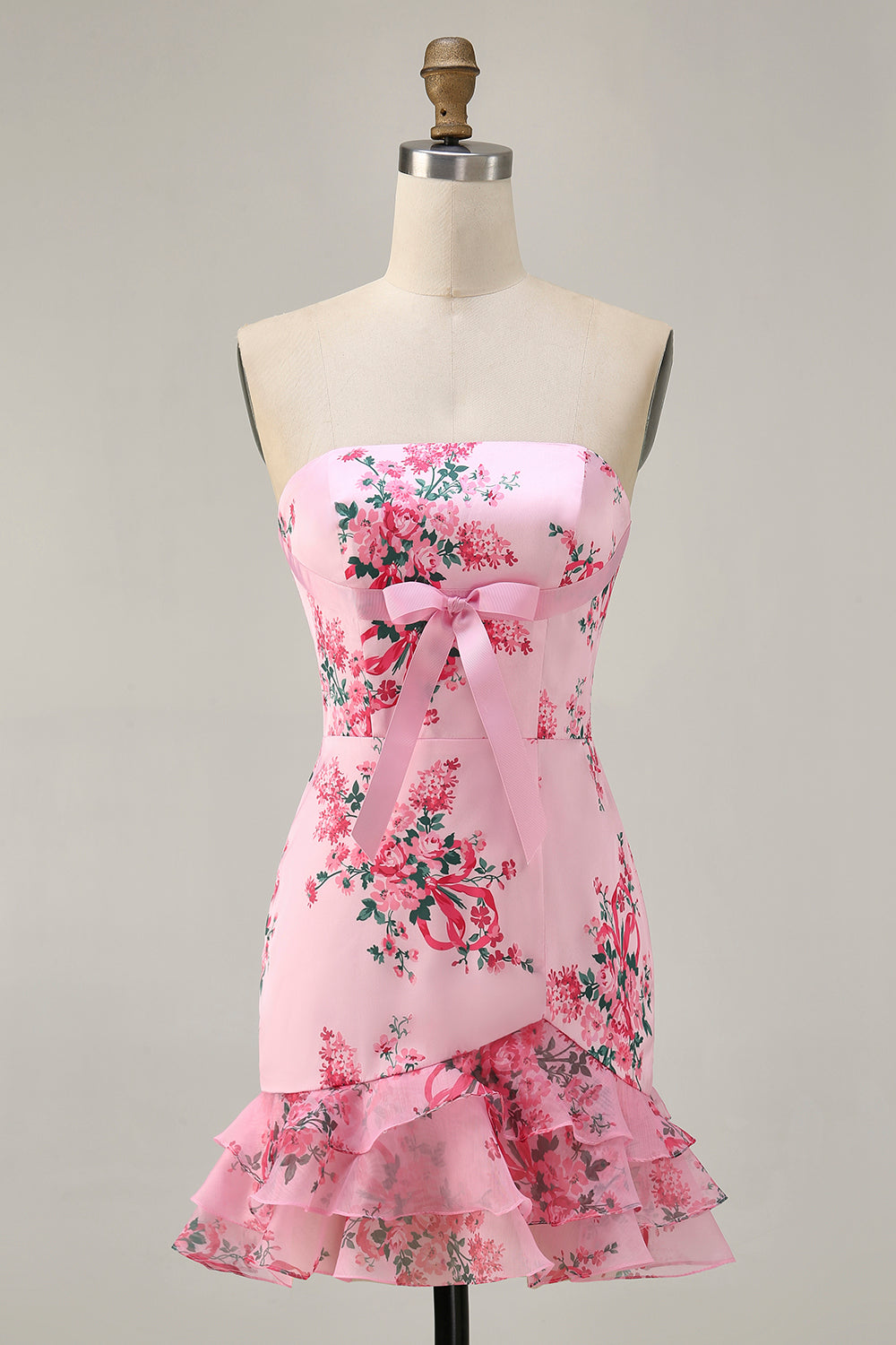 White Blue Flower Tight Strapless Short Homecoming Dress with Bow