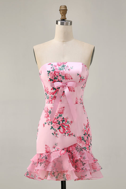 Pink Flower Strapless Tight Short Homecoming Dress with Bow