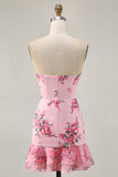 White Blue Flower Tight Strapless Short Homecoming Dress with Bow