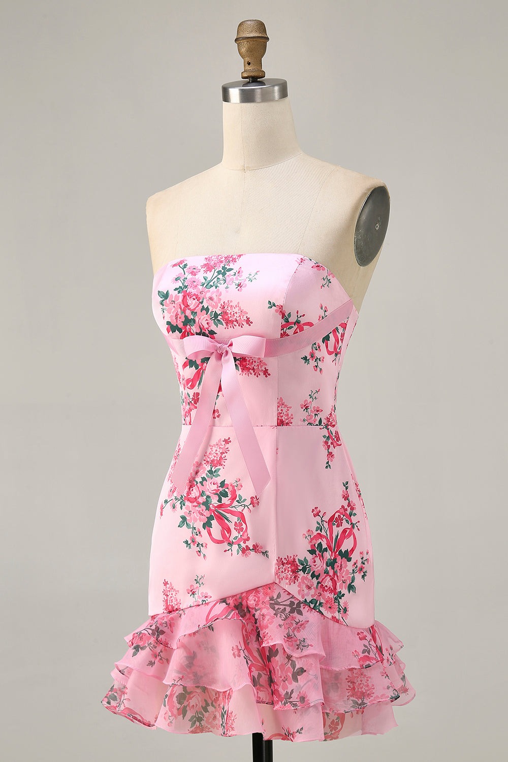 White Blue Flower Tight Strapless Short Homecoming Dress with Bow