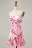 White Blue Flower Tight Strapless Short Homecoming Dress with Bow