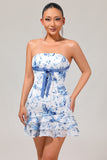 White Blue Flower Tight Strapless Short Homecoming Dress with Bow