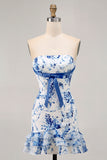 White Blue Flower Tight Strapless Short Homecoming Dress with Bow
