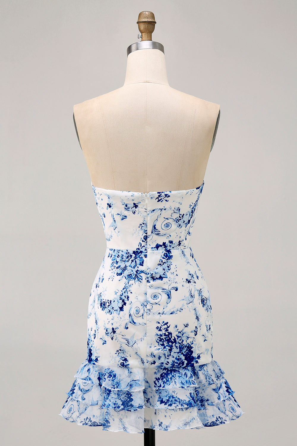 White Blue Flower Tight Strapless Short Homecoming Dress with Bow