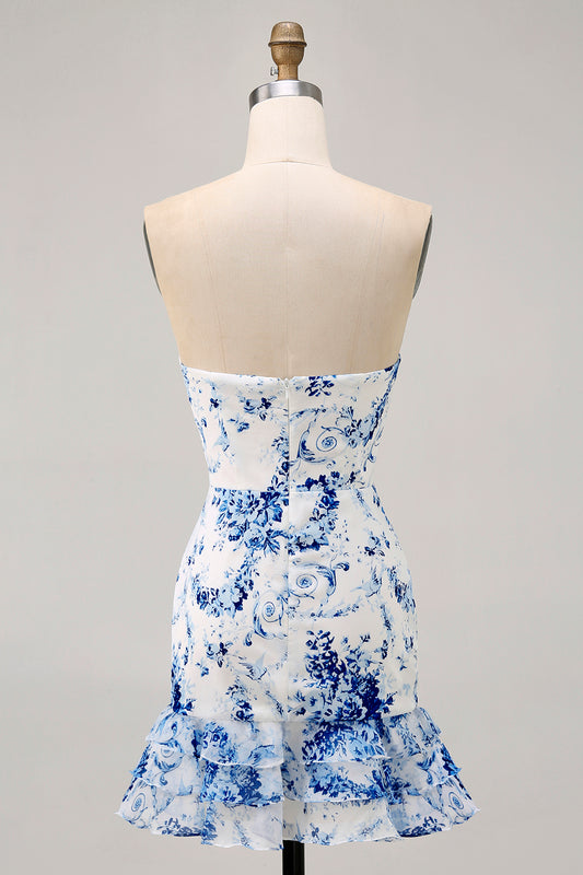 White Blue Flower Tight Strapless Short Homecoming Dress with Bow