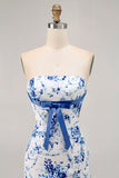 White Blue Flower Tight Strapless Short Homecoming Dress with Bow