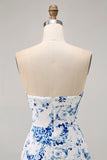 White Blue Flower Tight Strapless Short Homecoming Dress with Bow