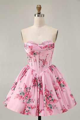 Pink Sweetheart Floral Corset Short Homecoming Dress